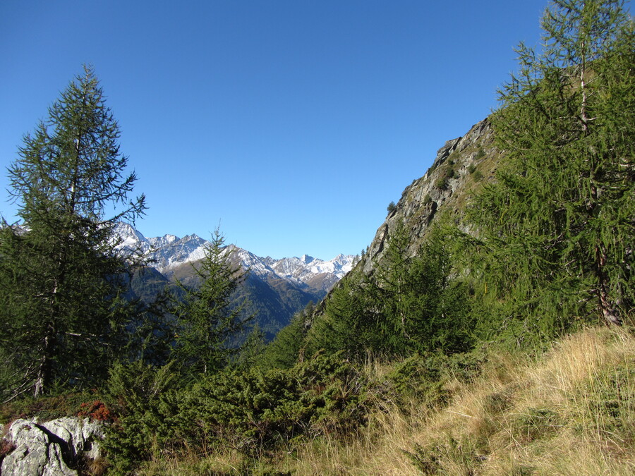 Laatste blik op de besneeuwde bergen rond de Clarahütte voordat ze achter de rand verdwijnen